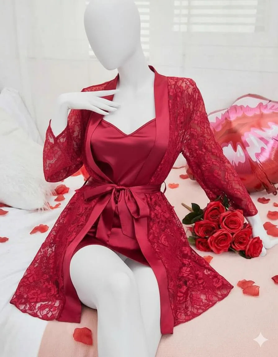 2 Pcs Women's Stitched Silk Lace-Work Night Suit / Net & Silk Nighty For Women