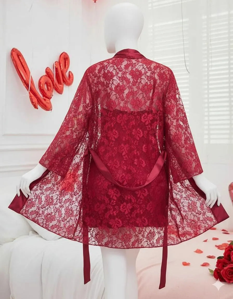 2 Pcs Women's Stitched Silk Lace-Work Night Suit / Net & Silk Nighty For Women