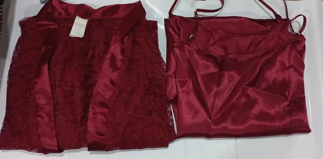 2 Pcs Women's Stitched Silk Lace-Work Night Suit / Net & Silk Nighty For Women