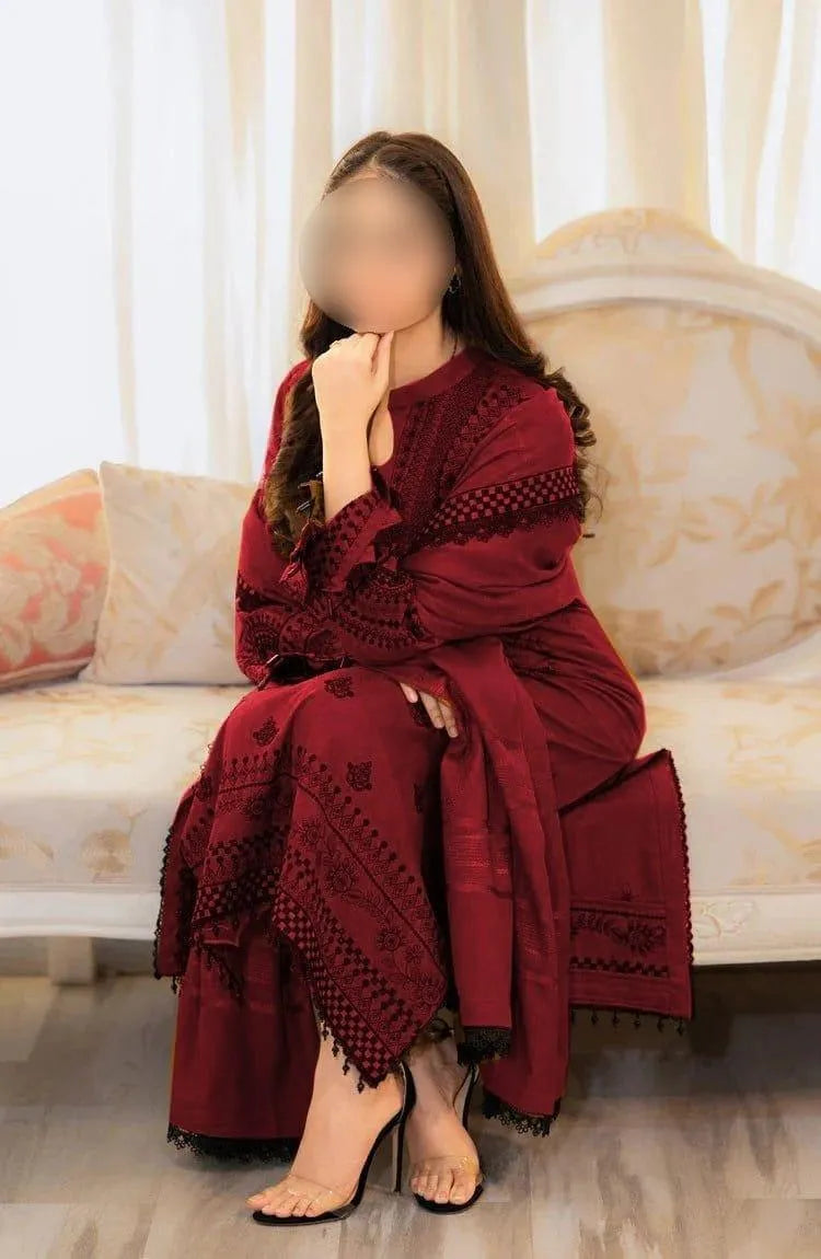 Maroon Embroidered Women's Lawn Suit 3 Pcs Eid Festive Wear