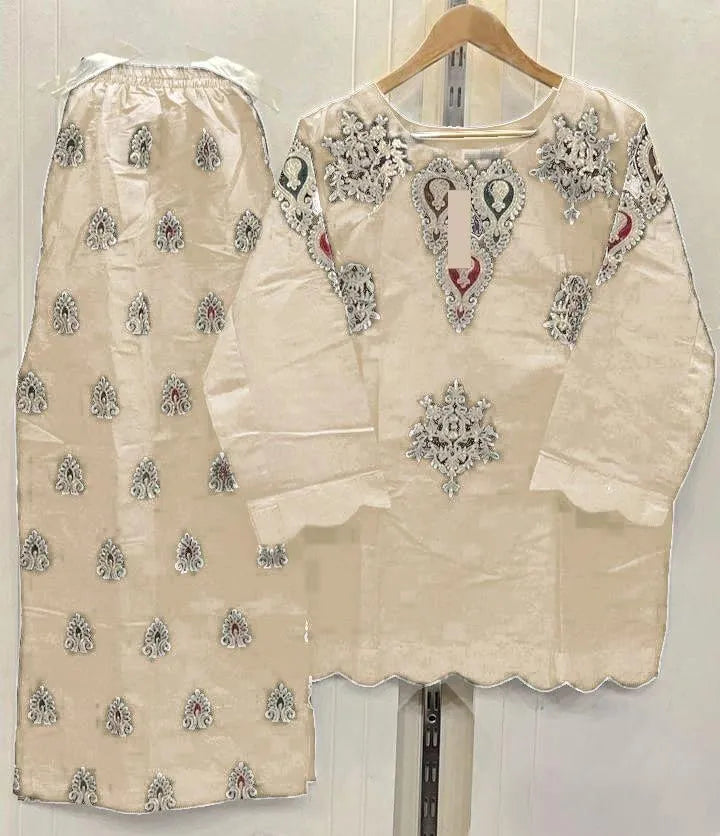 Front Zarri Multi Embroidery Border Shirt With Emb Flapper 2Pcs