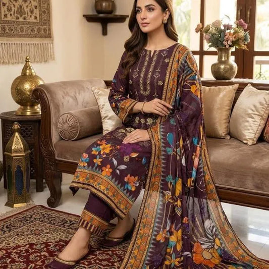 3 Pcs Women's Unstitched Embroidered Suit