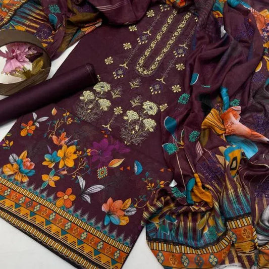3 Pcs Women's Unstitched Embroidered Suit