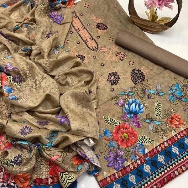3 Pcs Women's Unstitched Embroidered Suit