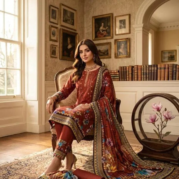 3 Pcs Women's Unstitched Embroidered Suit