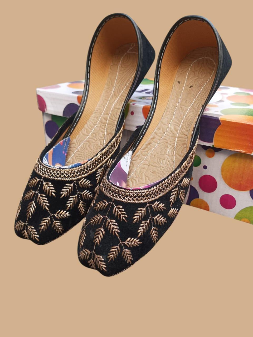 Black Velvet Khussa with Gold Thread Work for Women