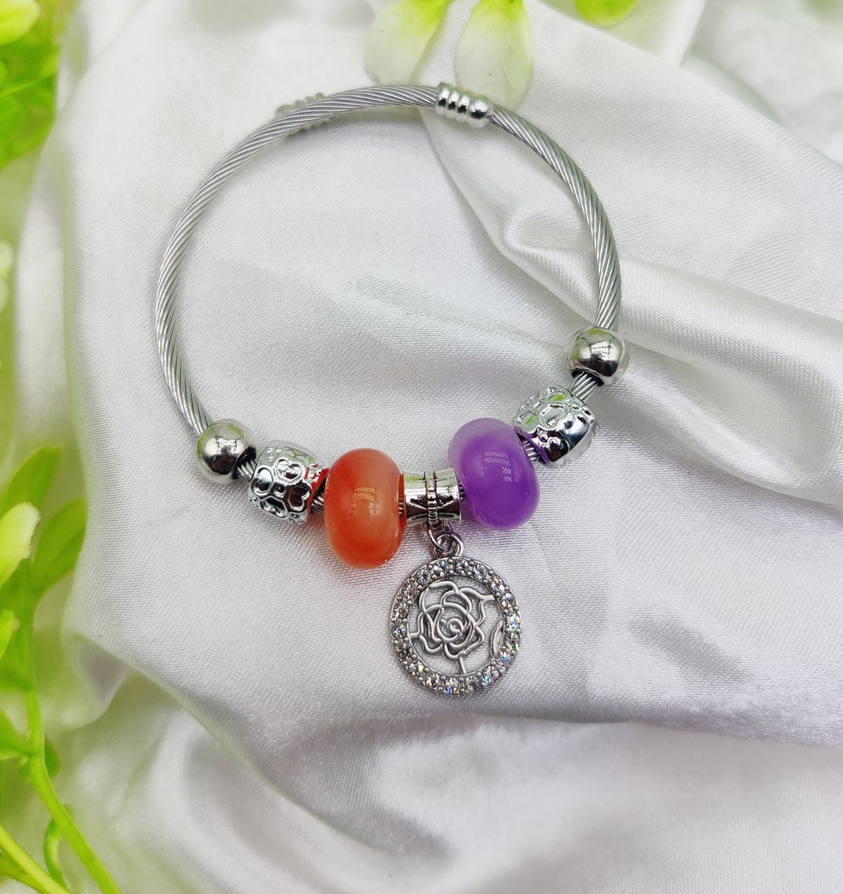 1 Piece Imported Elegant Pandora Bracelet with Rose Charm and Beaded Accents | Best Quality Bracelet For Girls &amp; Women | Girls &amp; Women Jewellery