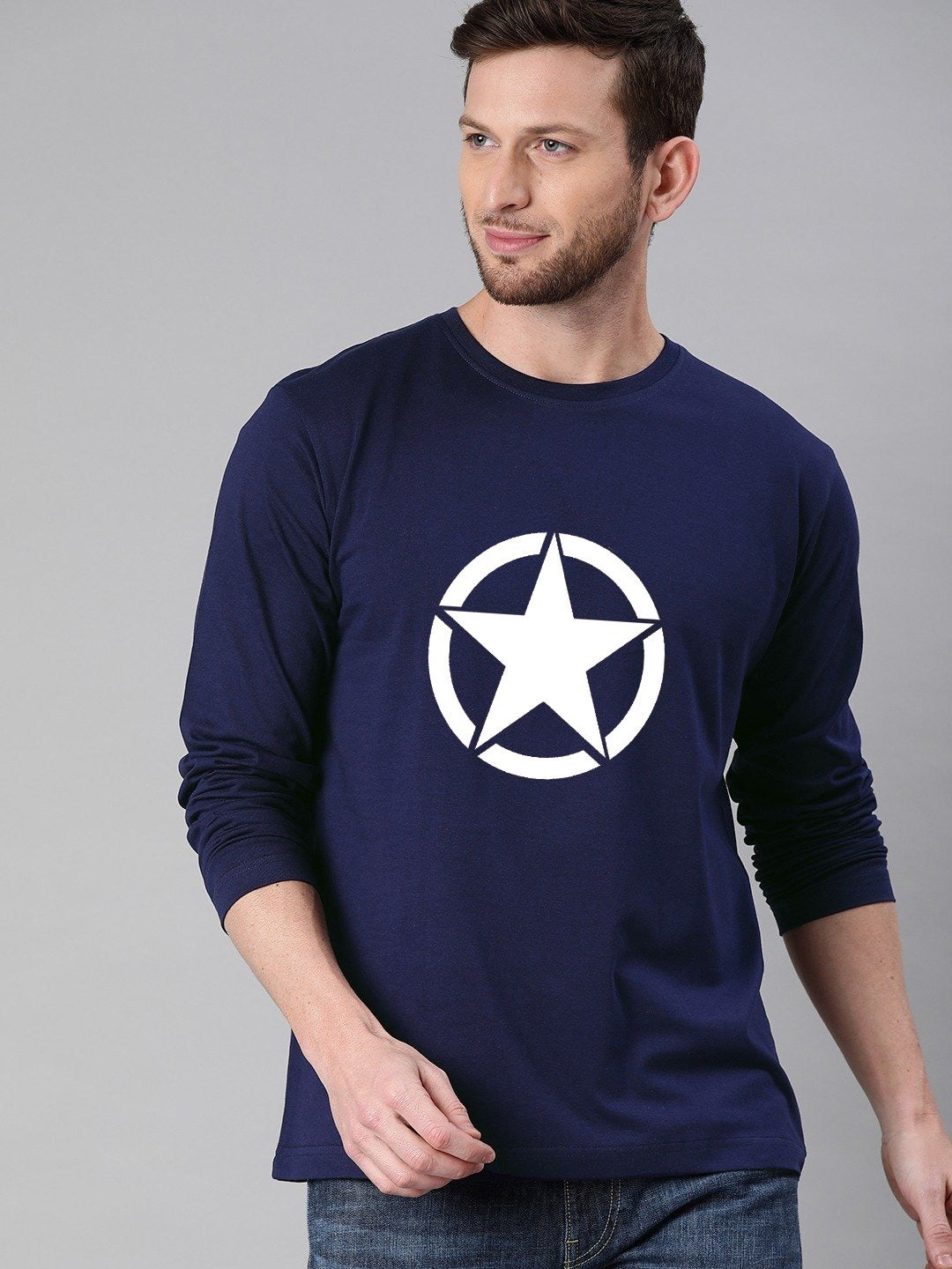 Full Sleeves round star logo printed summer 100% Cotton T-Shirt - M